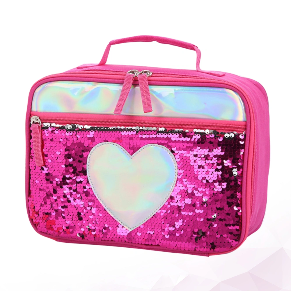 Kids Portable Lunch Bag Sequin Insulation Package Aluminum Foil Picnic Thermal Bag Meal Preservation Storage Bag (Red)