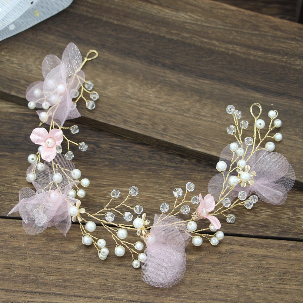 Bridal Pink Cloth Flower Headband Wedding Pearl Crystal Beads Headpiece Hair Accessories for Decoration Party Jewelry