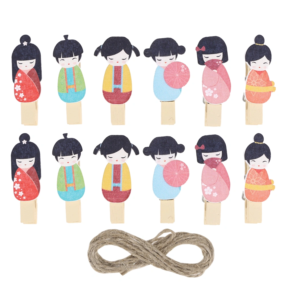 12PCS Handmade Wooden Clothespin Cartoon Creative Japanese Doll Snack Clips Photo Craft with Twine Party Favors for Display Photos Decoration Artwork