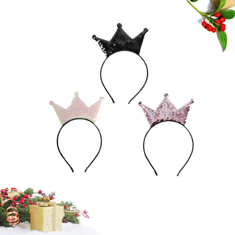 3pcs Sequin Hair Crown Headband Paillette Headdress Fabric Hair Hoops Glitter Hair Accessary Party Favors for Woman Lady(Random Color)