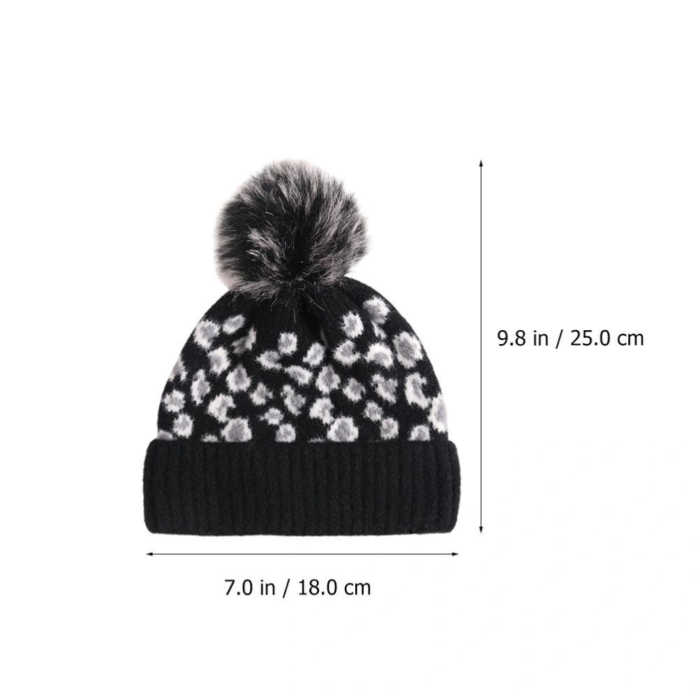 Woolen Hat Woman Leopard Beanie Hat with Fur Pom Warm Knitted Winter Hat