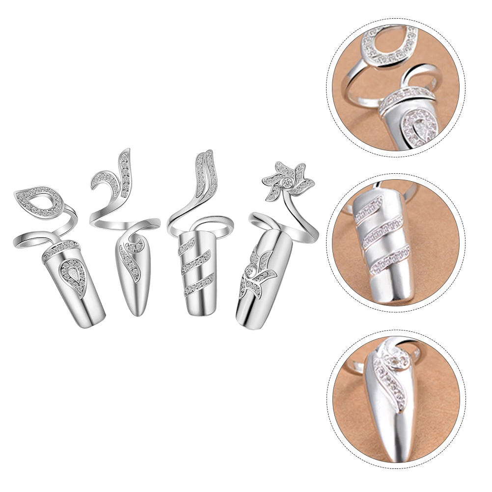 4Pcs Open Fingernail Rings Women Nail Decorative Rings Rhinestone Alloy Rings