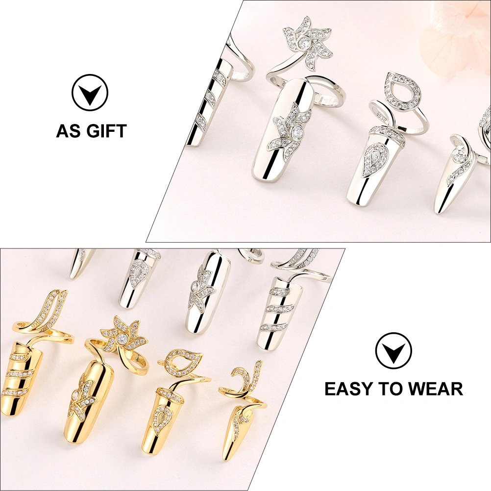 4Pcs Open Fingernail Rings Women Nail Decorative Rings Rhinestone Alloy Rings