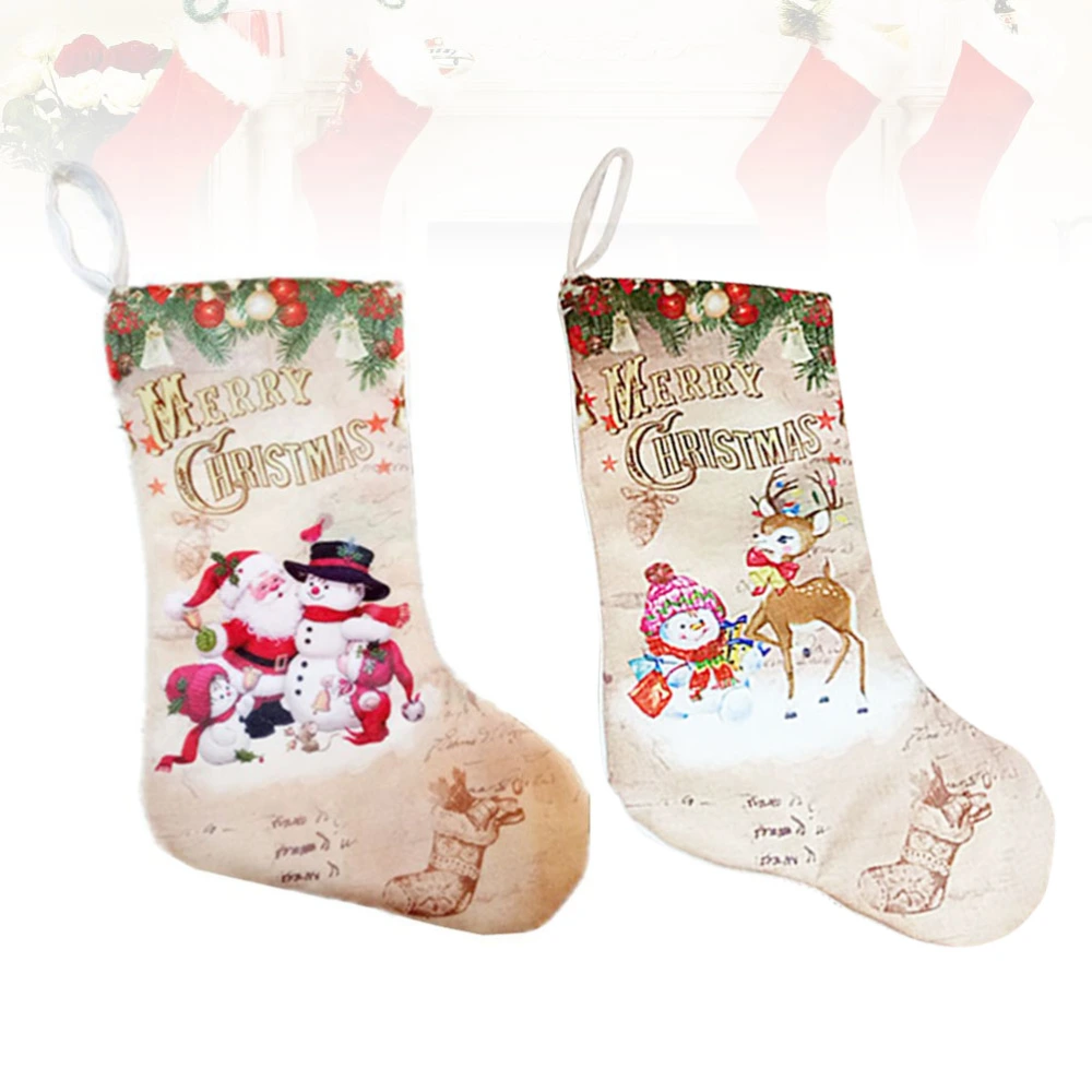 2pcs Christmas Elements Design Gift Stockings Printed Hanging Pendant for Decor (B Style Snowman and C Style Elk)