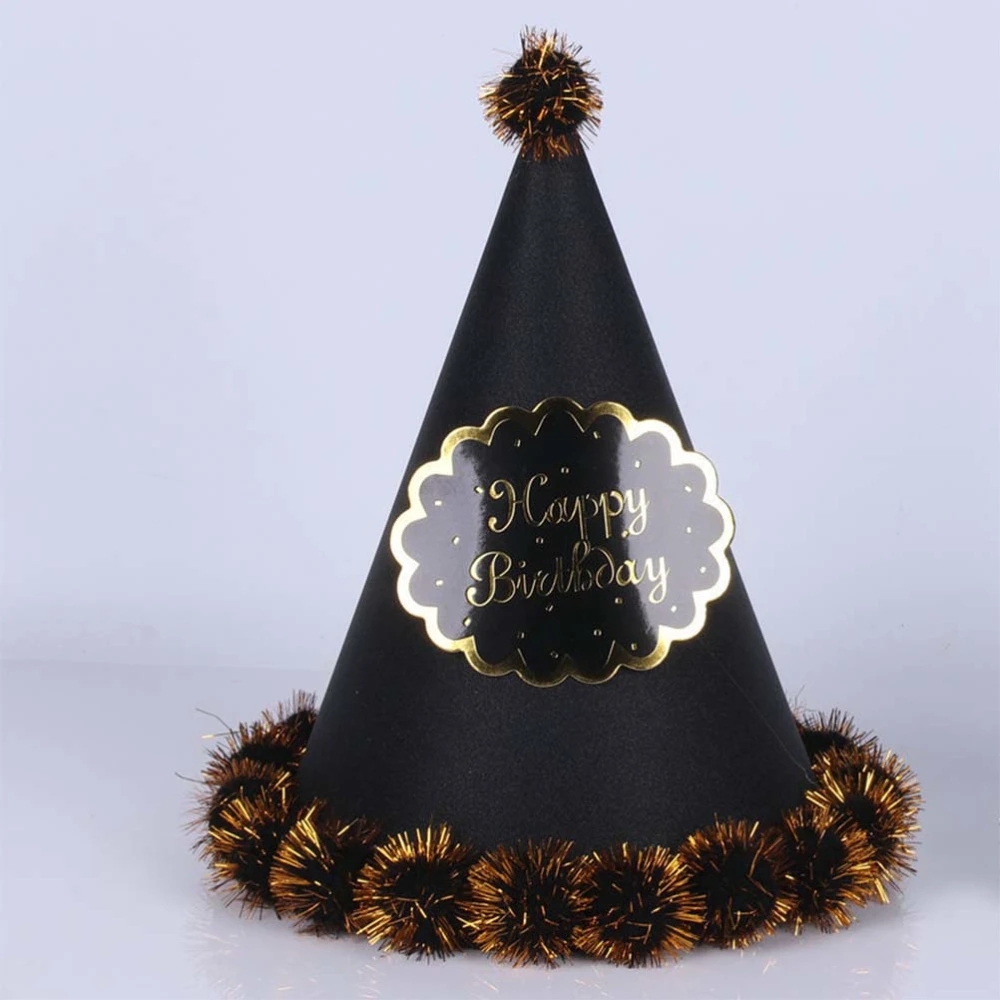 3pcs Birthday Pointed Hat Pompom Ball Party Hats Birthday Party Decoration Supplies (Golden + Silver + Black)