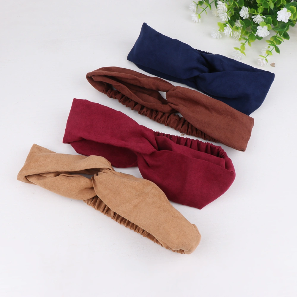 4pcs Solid Color Hair Bands Cross Design Headband Simple Headwear Daily Headdress for Women Girls (Navy, Claret, Khaki, Dark Coffee)