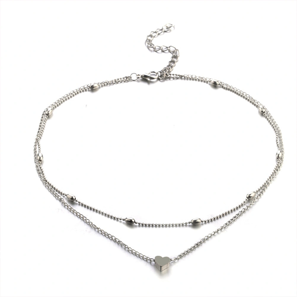 Love Heart Pendant Multilayer Chain Necklace Two Layers Choker Jewelry Gift for Women (Silver)