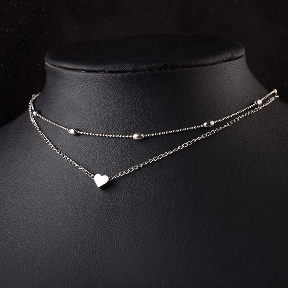 Love Heart Pendant Multilayer Chain Necklace Two Layers Choker Jewelry Gift for Women (Silver)