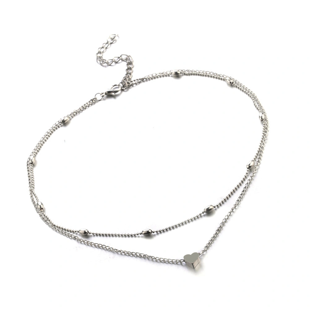 Love Heart Pendant Multilayer Chain Necklace Two Layers Choker Jewelry Gift for Women (Silver)