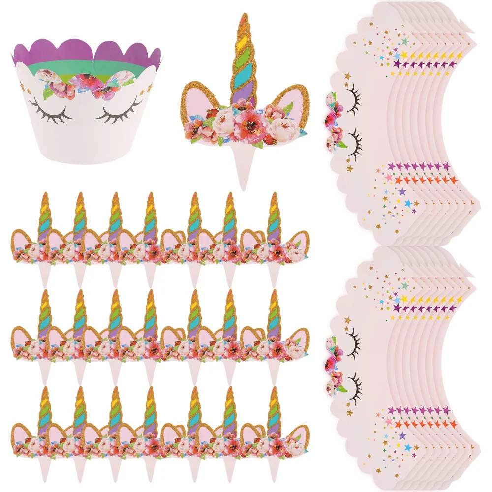 24pcs Shining Unicorn Cake Topper Dessert Decor Insert Cake Wrapper for Birthday Party Gathering