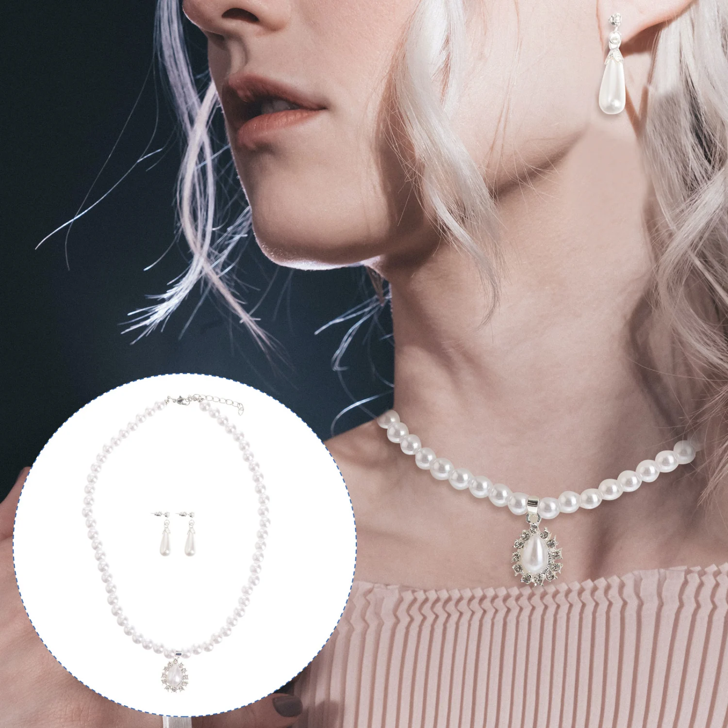 Womens Necklace and Earrings Set Bride Jewelry Fashion Exquisite Clavicle Chain Luxury Temperament Pearl Necklace Earrings Set (White)