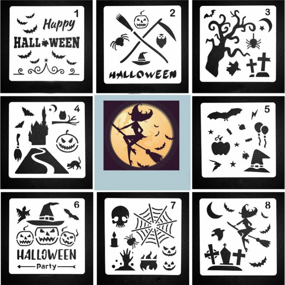 8pcs Halloween Plastic Drawing Stencils Hollow Drawing Painting Templates for DIY Craft Projects