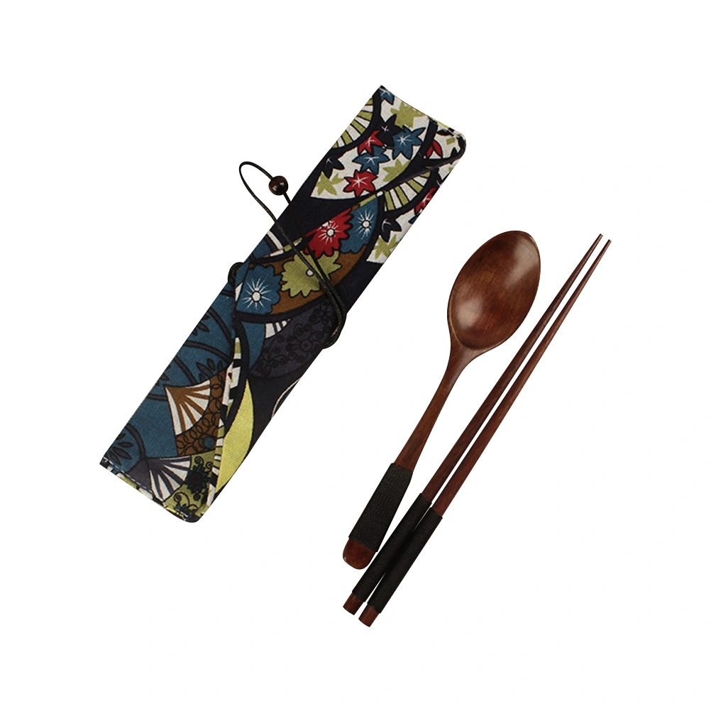 Travel Portable Wooden Spoon Chopsticks Set Japanese Style Food Serving Spoon Smooth Handle Tableware Set with Wrapping Cutlery Bag (Black)