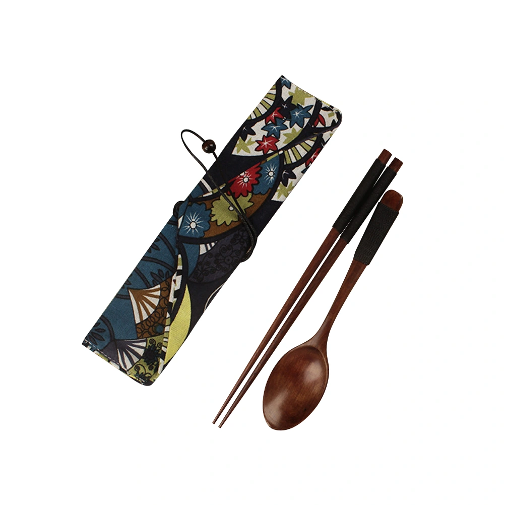 Travel Portable Wooden Spoon Chopsticks Set Japanese Style Food Serving Spoon Smooth Handle Tableware Set with Wrapping Cutlery Bag (Black)