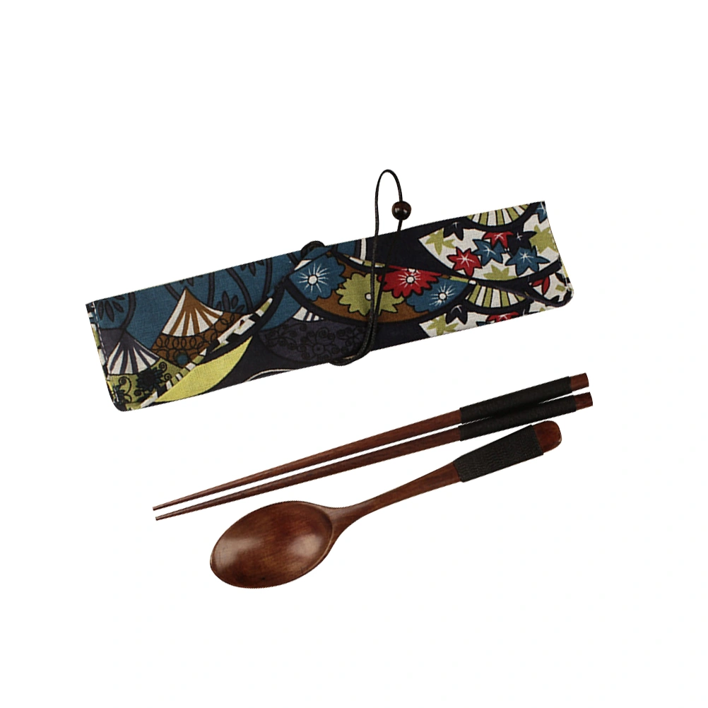Travel Portable Wooden Spoon Chopsticks Set Japanese Style Food Serving Spoon Smooth Handle Tableware Set with Wrapping Cutlery Bag (Black)