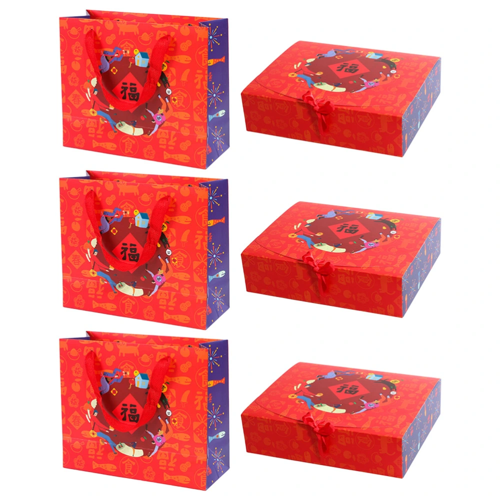 6pcs Chinese New Year Gift Box Packaging Case Gifts Tote Bag Paper Container Storage Pouch Party Supplies Large Size(Blessing Tote Bag and Gifts Box)