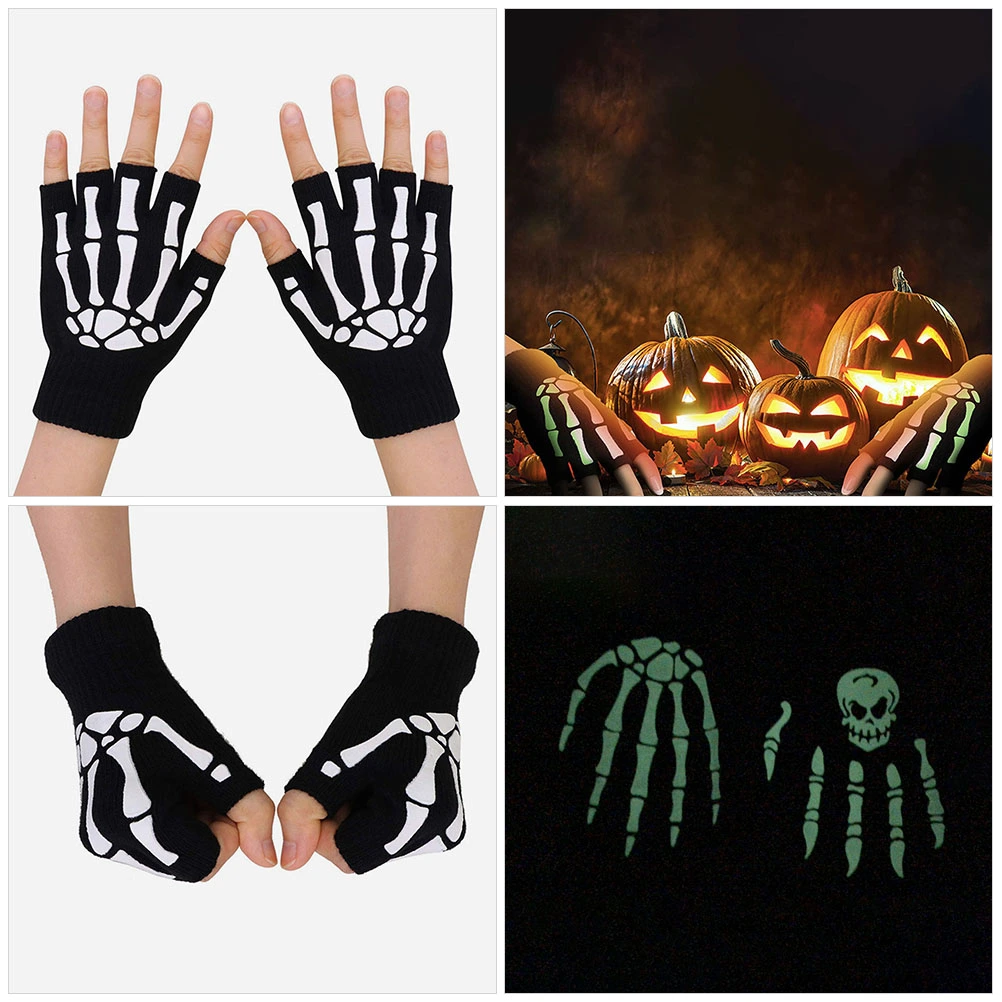 1 Pair of Halloween Skeleton Gloves Party Luminous Gloves Knitted Fingerless Gloves Winter Warm Gloves