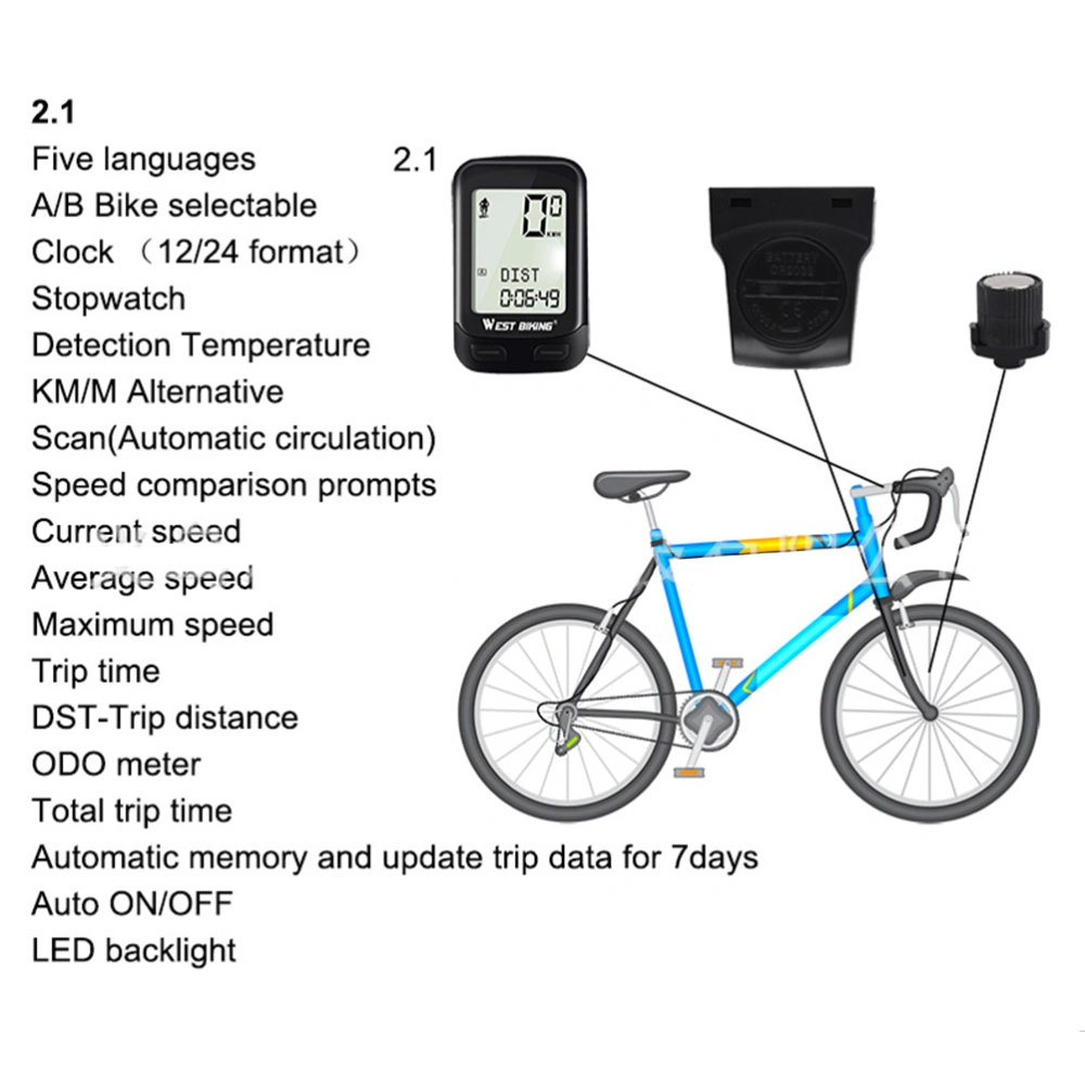 Waterproof Noctilucent 5 Language Computer Wireless Cycling Mileage MTB Bike Watch LED Screen Speedometer (Black)