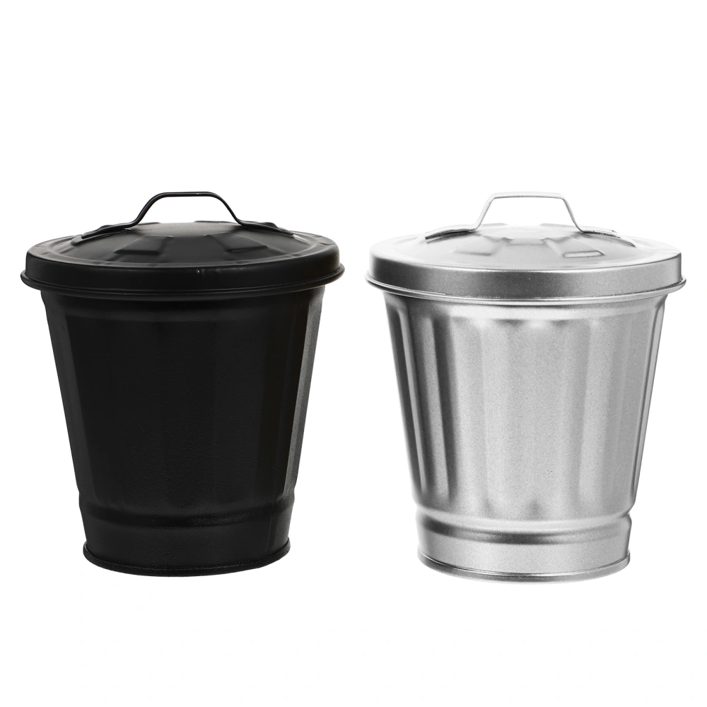 2PCS Desktop Mini Iron Sheet Trash Can Creative Mini Garbage Can with Cover