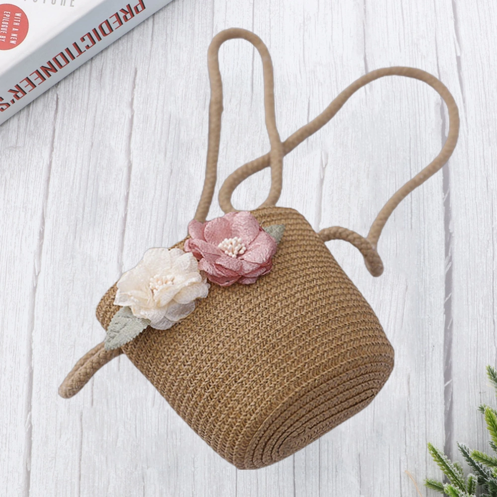 Kids Fashion Straw Crossbody Bag Lace Flower Handmade Woven Beach Bag Shoulder Bag for Girls (Khaki)