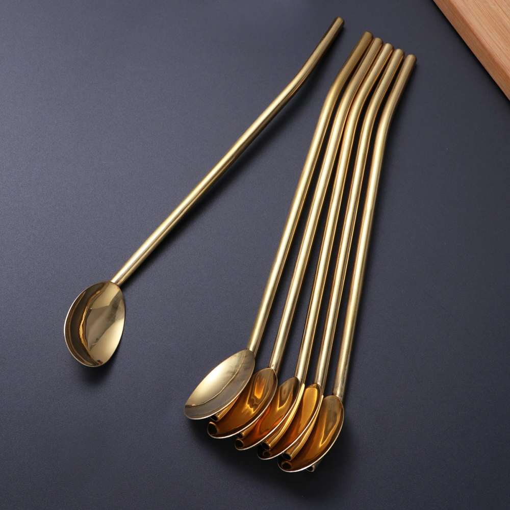 4pcs Creative Mixing Spoon Durable Stainless Steel Straws Spoon Multifunctional Stir Spoon for Drinking (Golden)