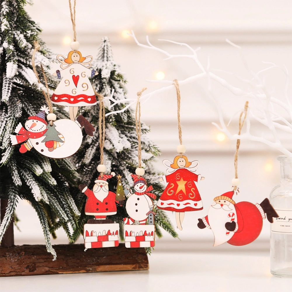 6PCS Christmas Tree Decorations Painted Wooden Pendant Christmas Tree Hanging Pendant for Tree Home Garden Yard  (Flying Santa + Flying Snowman + White Angel)