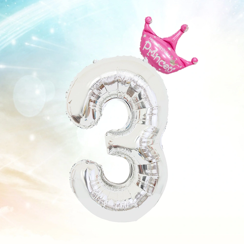 2pcs Silver Number 3 Balloon Crown Decor Balloon for Birthday Gathering Party (32inch, 1pcs Number 3, 1pcs Pink Crown)