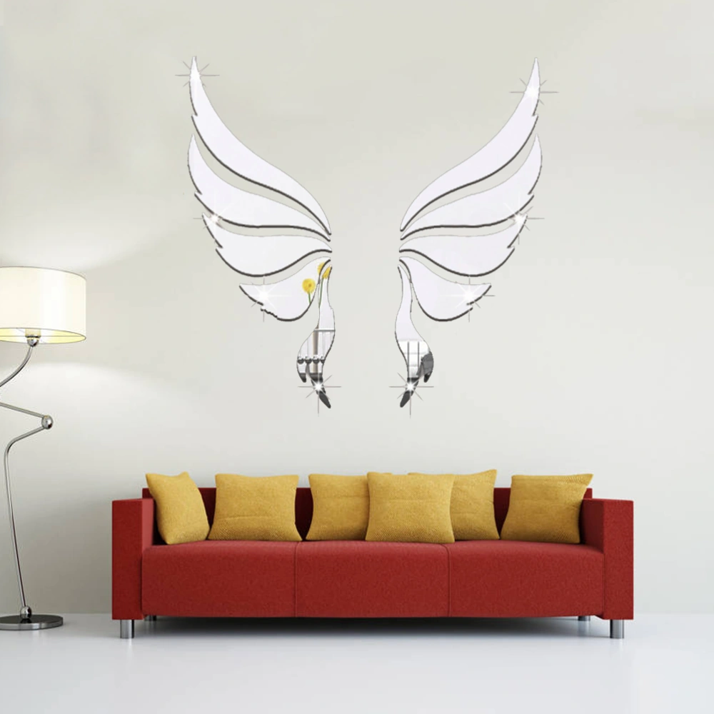 Acrylic Wing Mirror Wall Sticker Decoration Sticker for Children Living Room Bedroom Home Freely Collage (Silver)