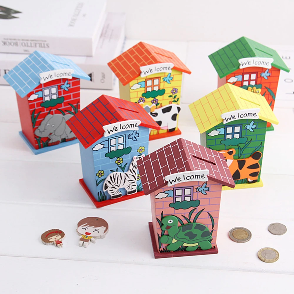 Creative Wooden Piggy Bank Colorful Painted Small House Shape Saving Pot Student Coin Bank Bedroom Desktop Decoration Ornaments Money Holder Gift for Birthday Present New Year's Gift (Mixed Pattern Mixed Color 120x95x60mm)