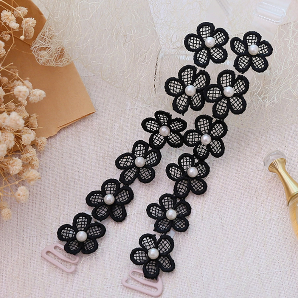 Women's Convertible Lace Bra Straps Pearl Flower Bra Straps Replacement for Tops Dress (Black)