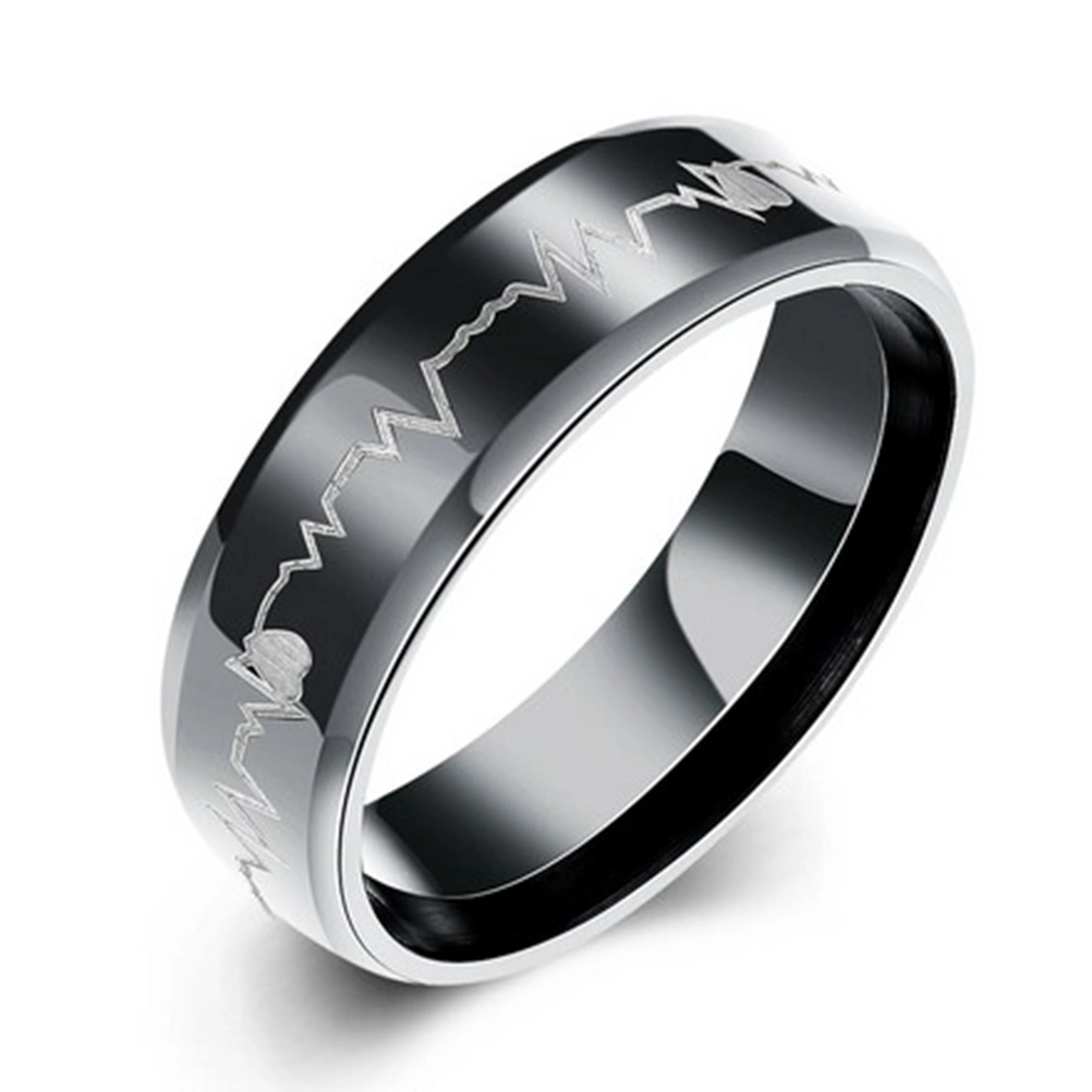Mens Black Wedding Bands Stainless Steel Promise Rings ECG Carved Heart High Polished Finish (Size 10)