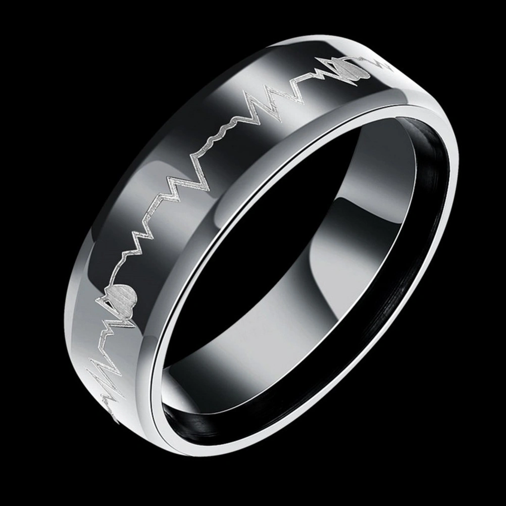 Mens Black Wedding Bands Stainless Steel Promise Rings ECG Carved Heart High Polished Finish (Size 10)