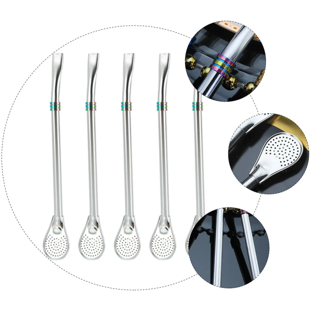 5Pcs Stainless Steel Straw Spoon Strainer Spoon Filtering Mixing Spoon