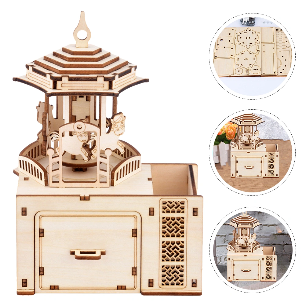1 Set Merry-go-round Puzzle Toy Wooden Music Box DIY Assembly Toy Christmas Gift