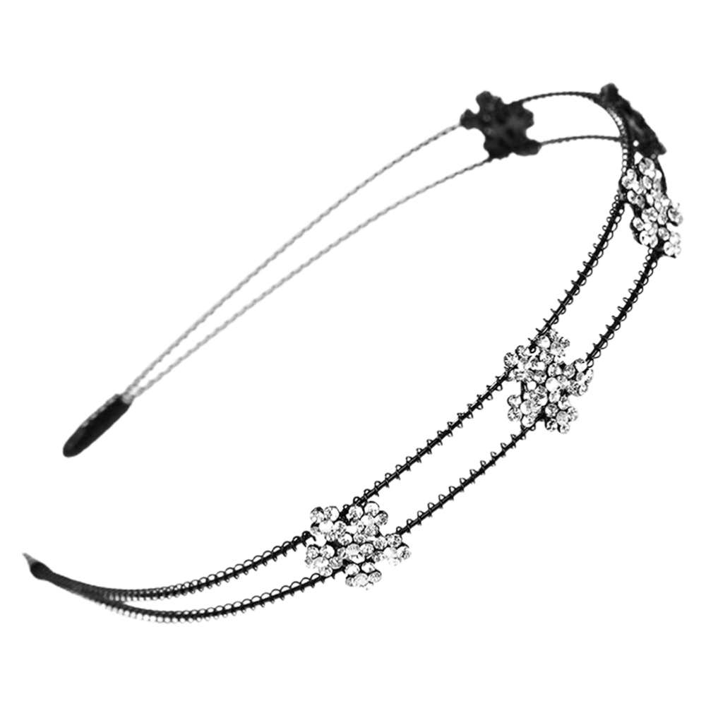 1PC Stylish Double Layer Headband Decor Rhinestone Inlaid Flower Hair Black