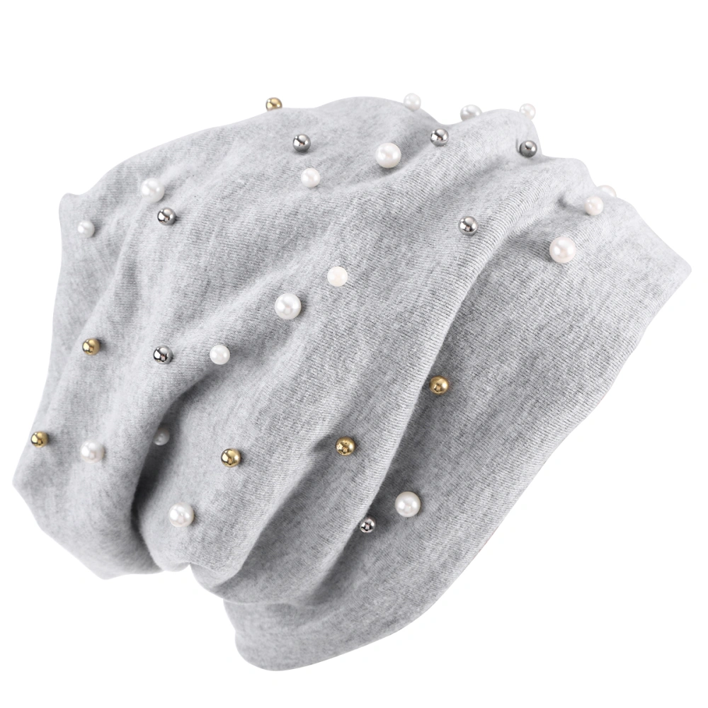 All-match Warm Beanie Hat Casual Polyester Shine Pearls Beanie Hats for Women Female (Gray)