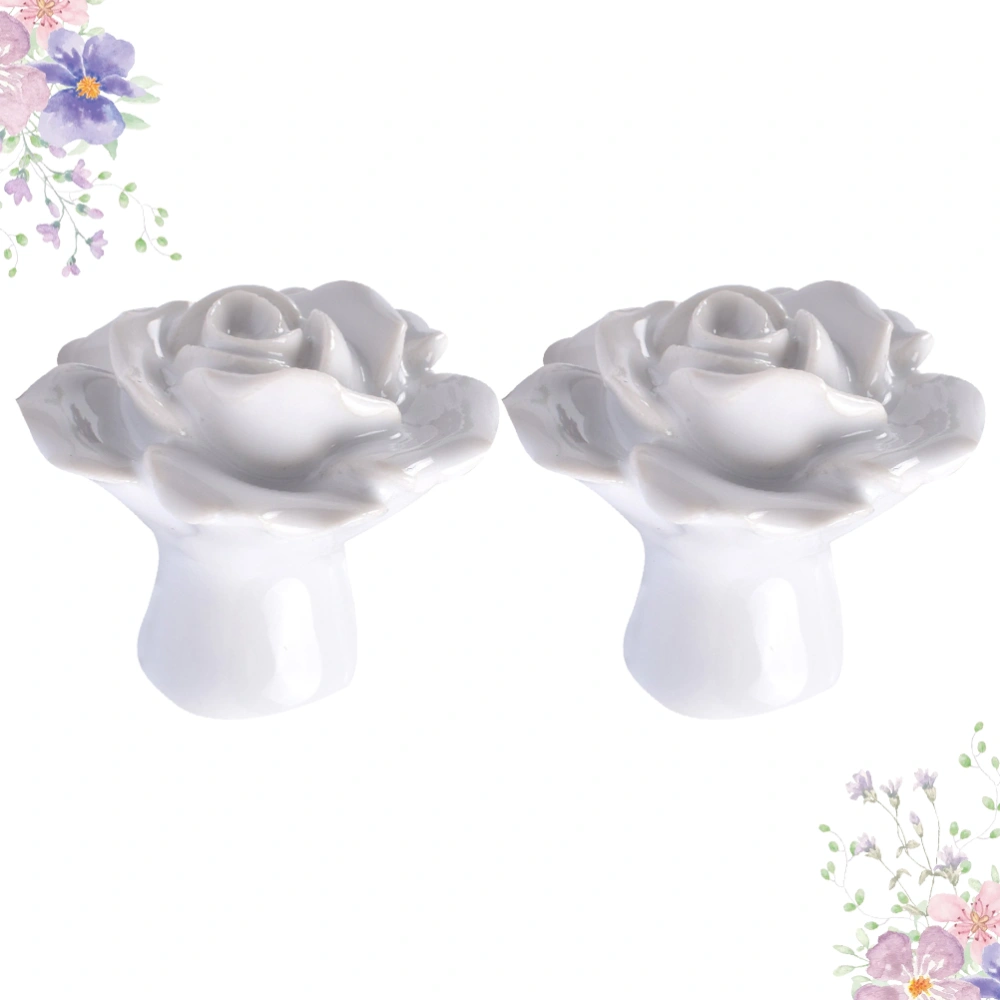 2pcs Rose Shaped Ceramic Kitchen Cupboard Cabinet Drawer Door Knobs Pull Handles (White)