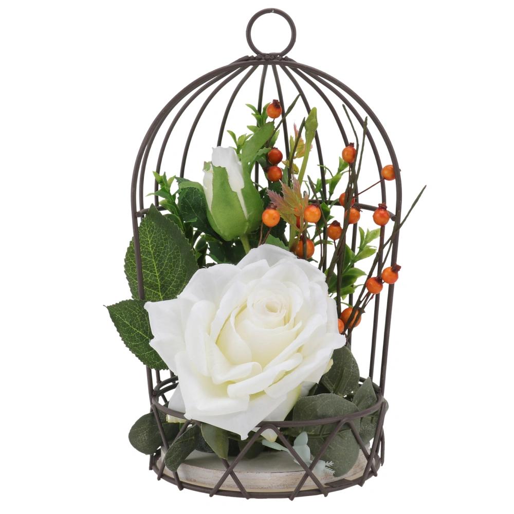 1Pc Hanging Bird Cage Adornment Party Simulation Rose Flower Rack Decor (White)