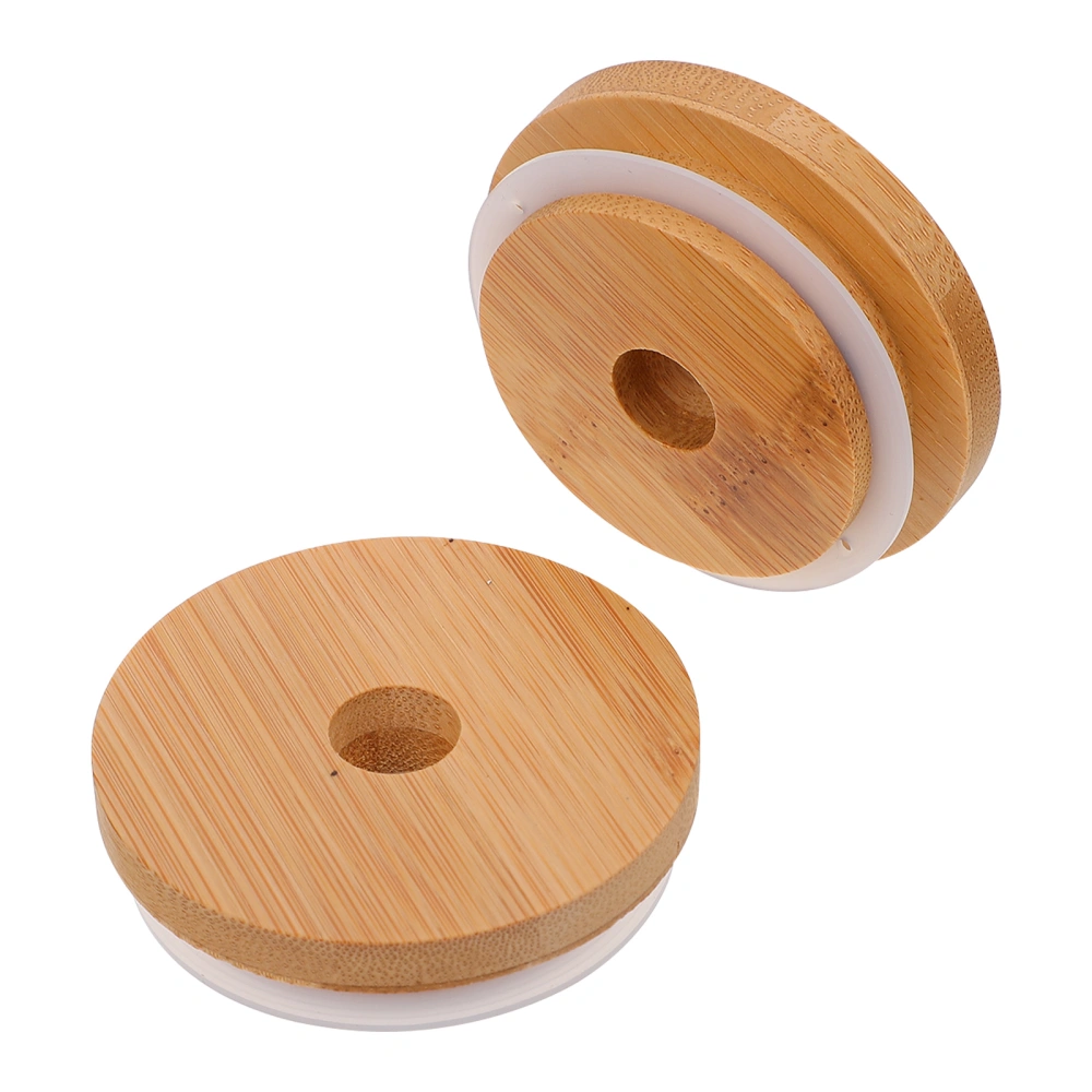 1 Set 2Pcs Bamboo Mason Jar Lids Practical Bottle Covers with Straw Hole