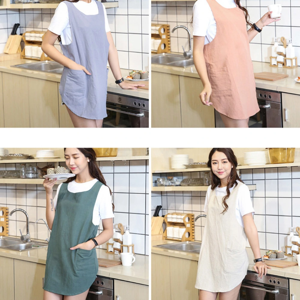 Japanese Style Cotton Linen Apron Solid Color Dirt Proof Apron Cross Back Kitchen Cooking Apron (Green Gray Random Pattern)