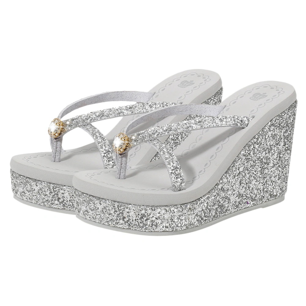 1 Pair Women Summer Slippers Fashion Flip-Flops High-heeled Sequins Diamond Sandals Beach Casual Shoes (Silver, Size 40, 25CM, 8US, 5.5UK, 39EU, 9.825Inch)