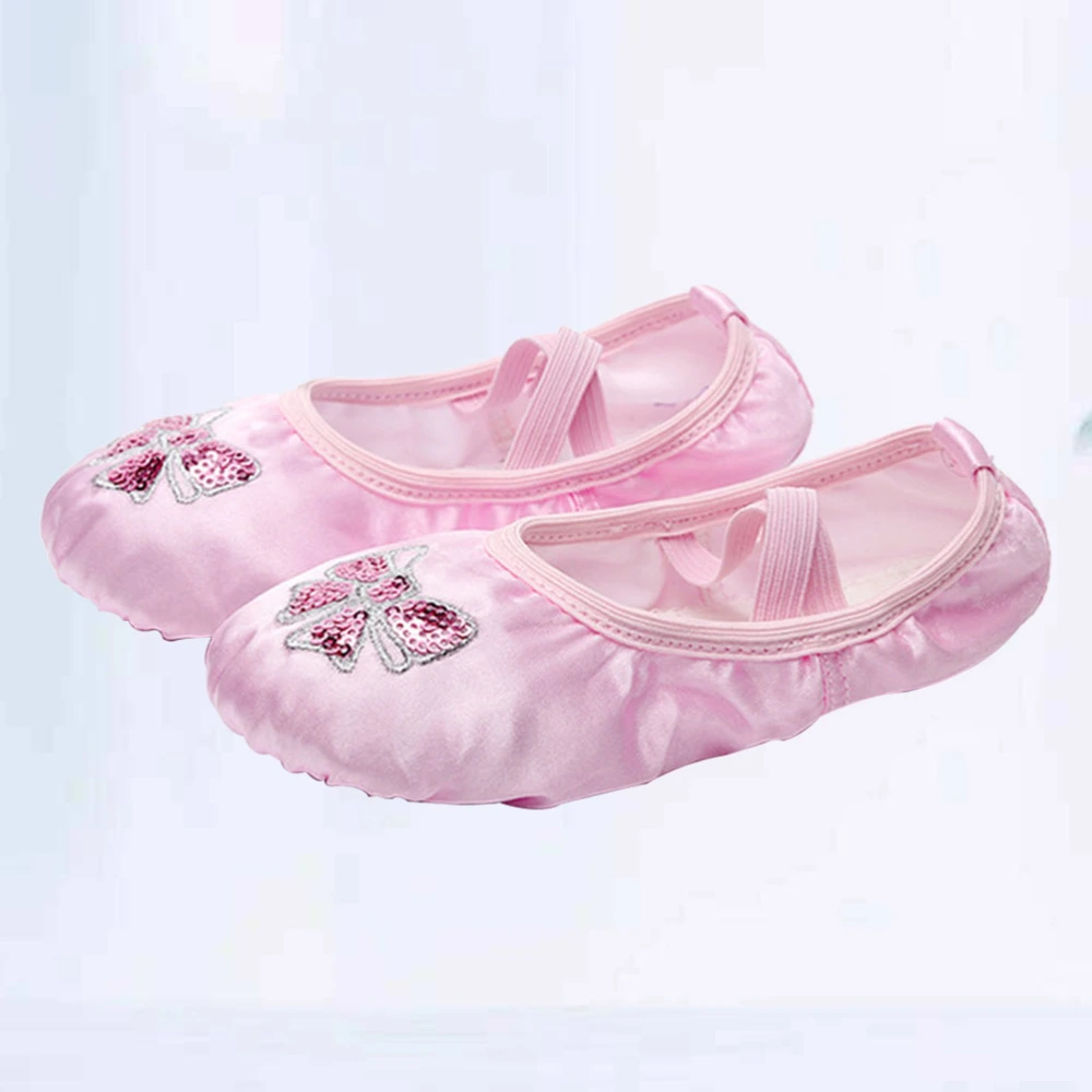 Satin Ballet Practice Shoes Embroidery Sequins Yoga Shoes Sole Dance Shoes for Kids Girls - Size 25 (Pink)