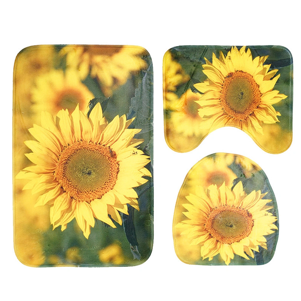 3pcs Sunflower Printing Non-slip Bathroom Rug Bath Mat Rug Toilet Lid Cover