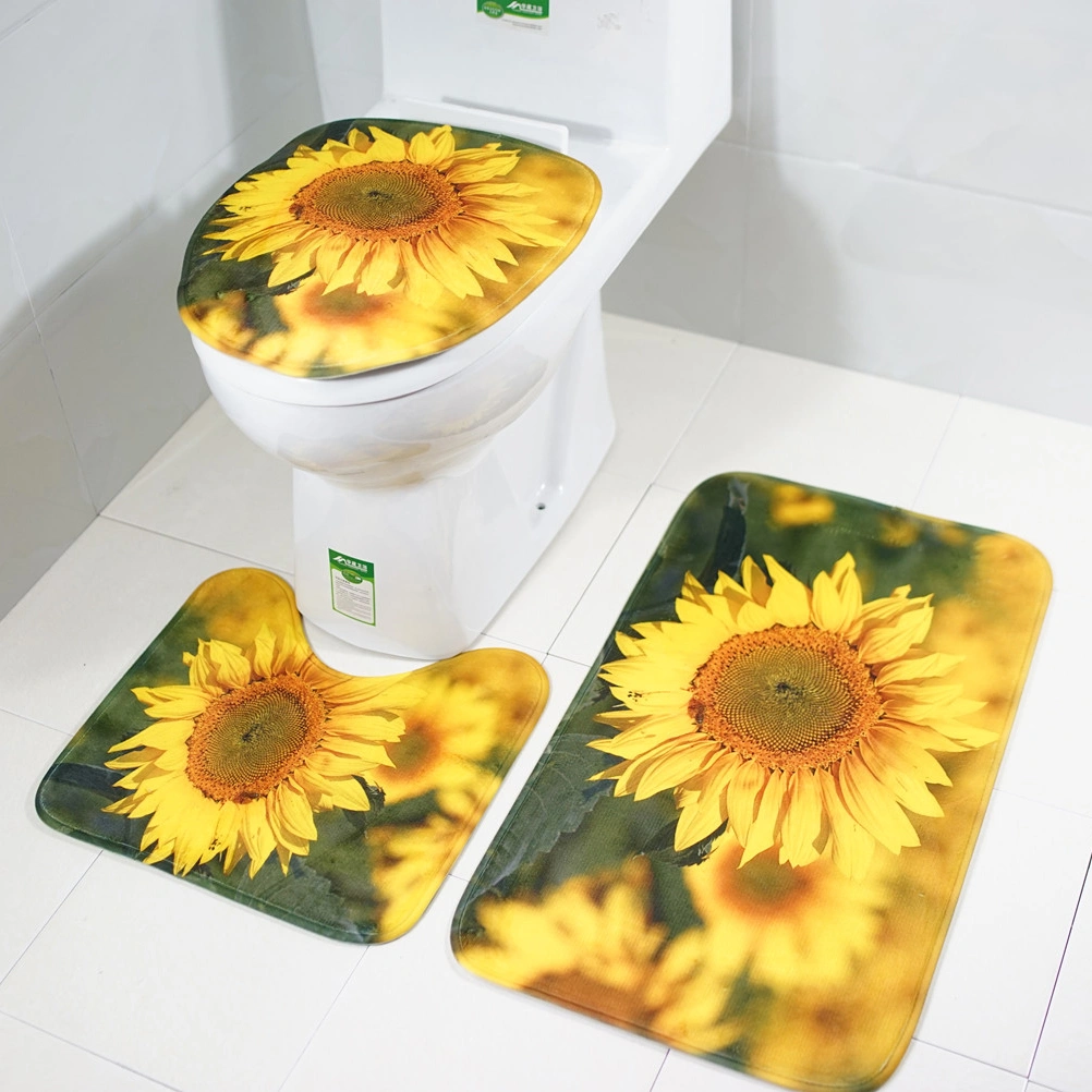 3pcs Sunflower Printing Non-slip Bathroom Rug Bath Mat Rug Toilet Lid Cover