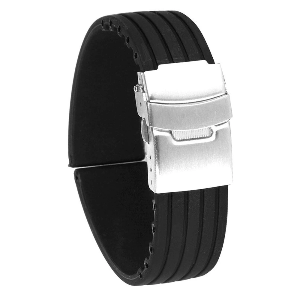 24mm Waterproof Stripes Pattern Silicone Watch Band Strap with Stainless Steel Deployment Clasp Buckle (Black)