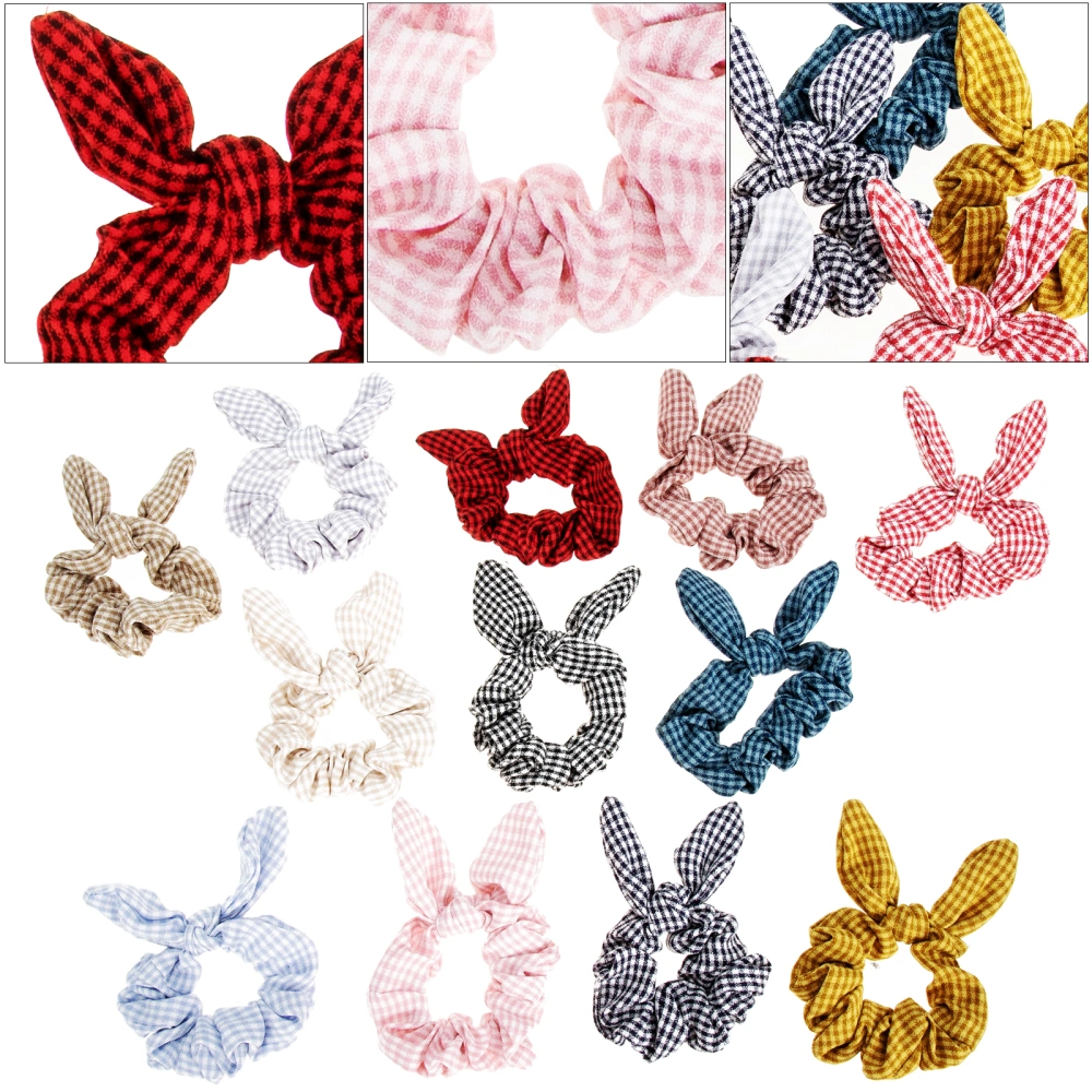 12pcs Plaid Hair Rings Bow Hair Ropes Cloth Hair Ties Women Hair Decors