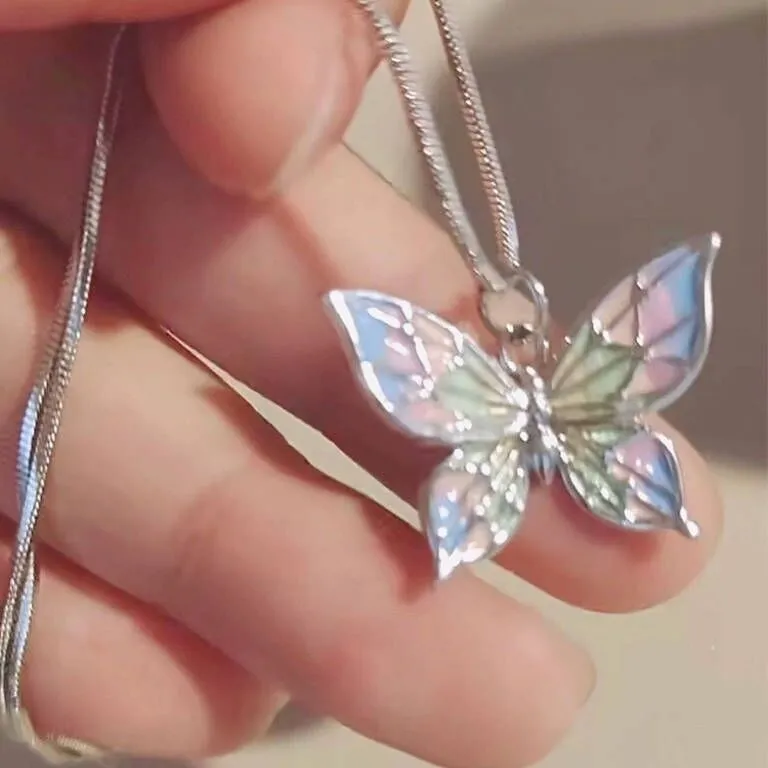 Rainbow Colorized Butterfly Necklace Fashion Exquisite Clavicle Chain