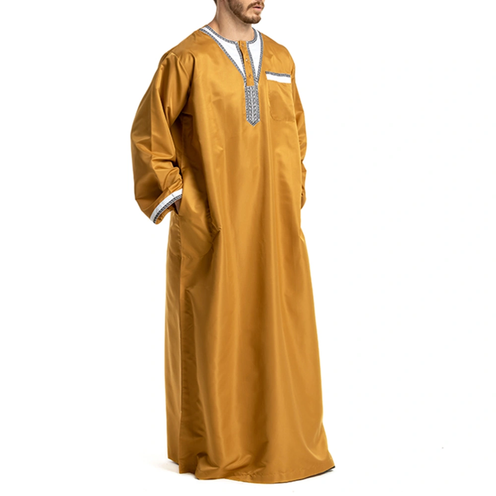 Men's Islamic Thobe Round Collar Splicing Long Sleeve Arab Muslim Wear Robe Clothes Size S (Yellow)