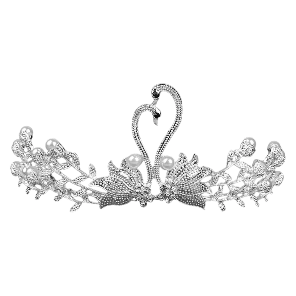 Swan Crown Headdress Alloy Diamond Pearl Hair Accessories Bride Wedding Rhinestone Crown Jewelry Headdress (White)