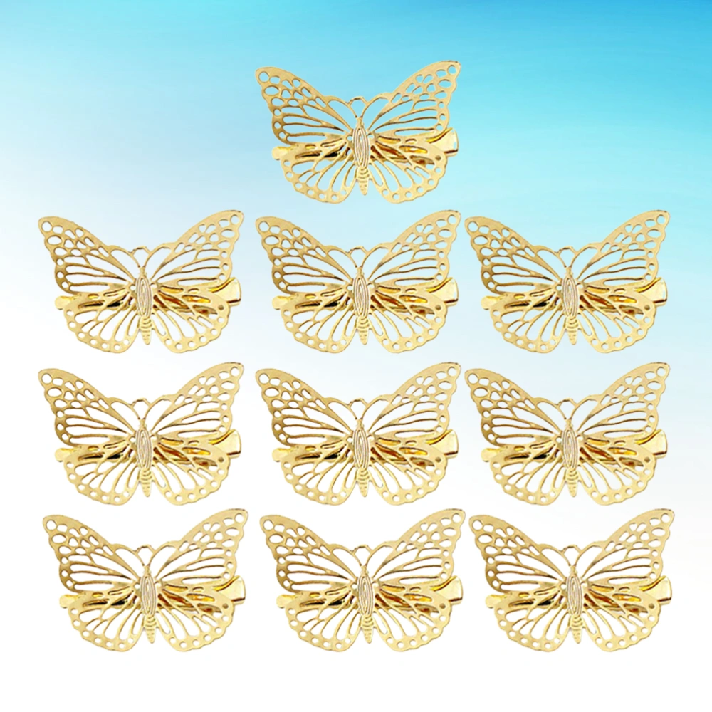 10pcs Golden Alloy Shape Hair Clips Hollow Out Headdress Delicate Stereoscopic Barrettes Girls Bobby Pin Hair Pin (Butterfly On The Right)